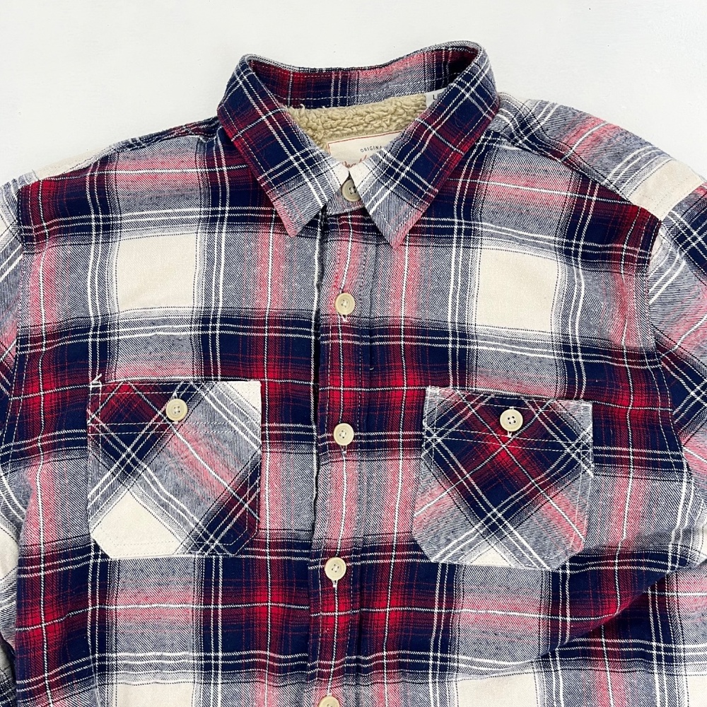 Vintage Weatherproof Mens Size L Button Up Jacket Red Blue Plaid Flannel Pockets - Picture 3 of 11